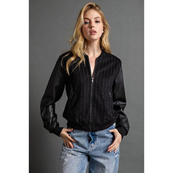 easel Jackets & Coats Easel Black Faux Leather Sleeves Wool Zipper